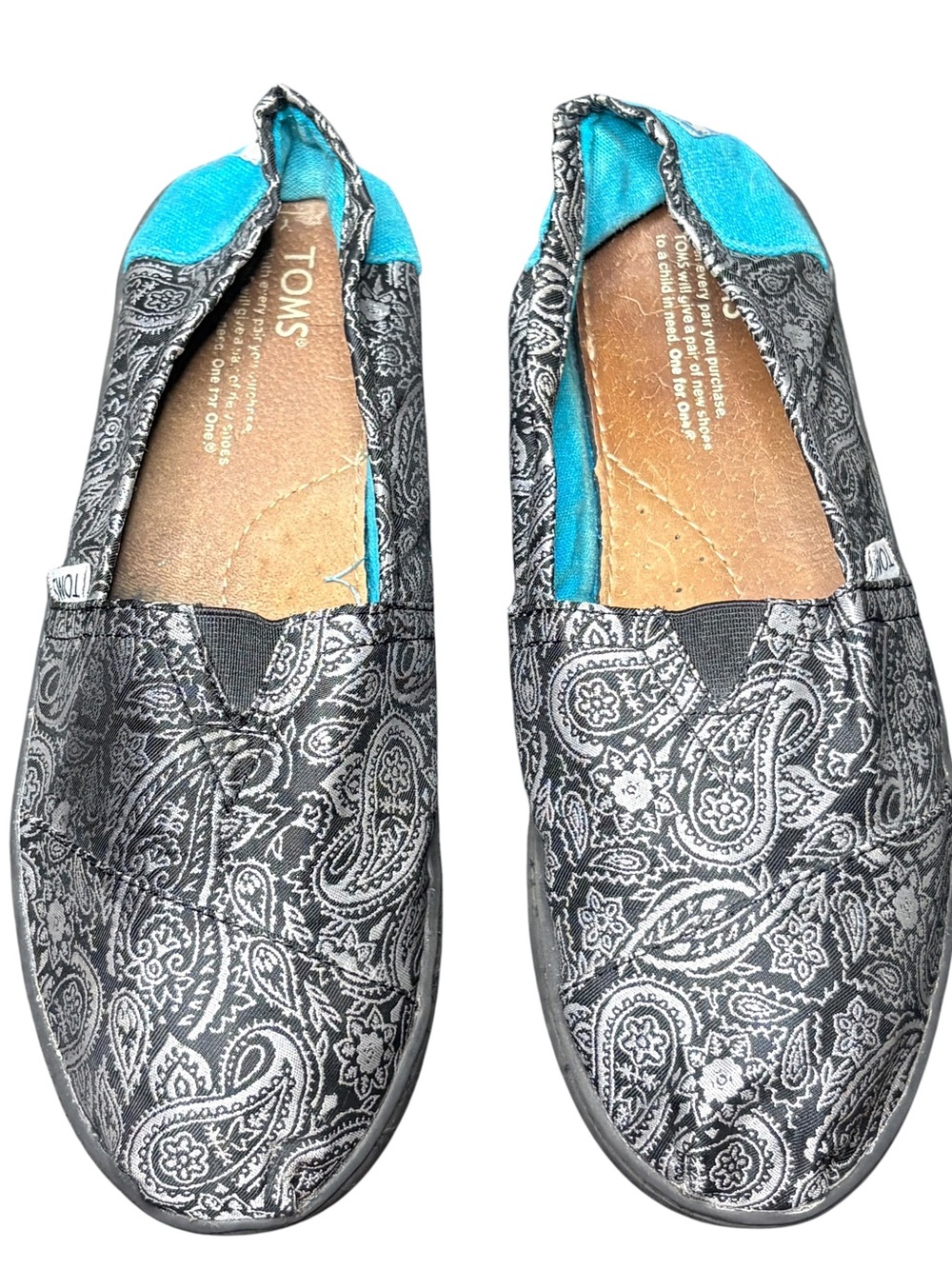 TOMS Paisley Slip-On Flats Black Silver Turquoise Women’s Size 5